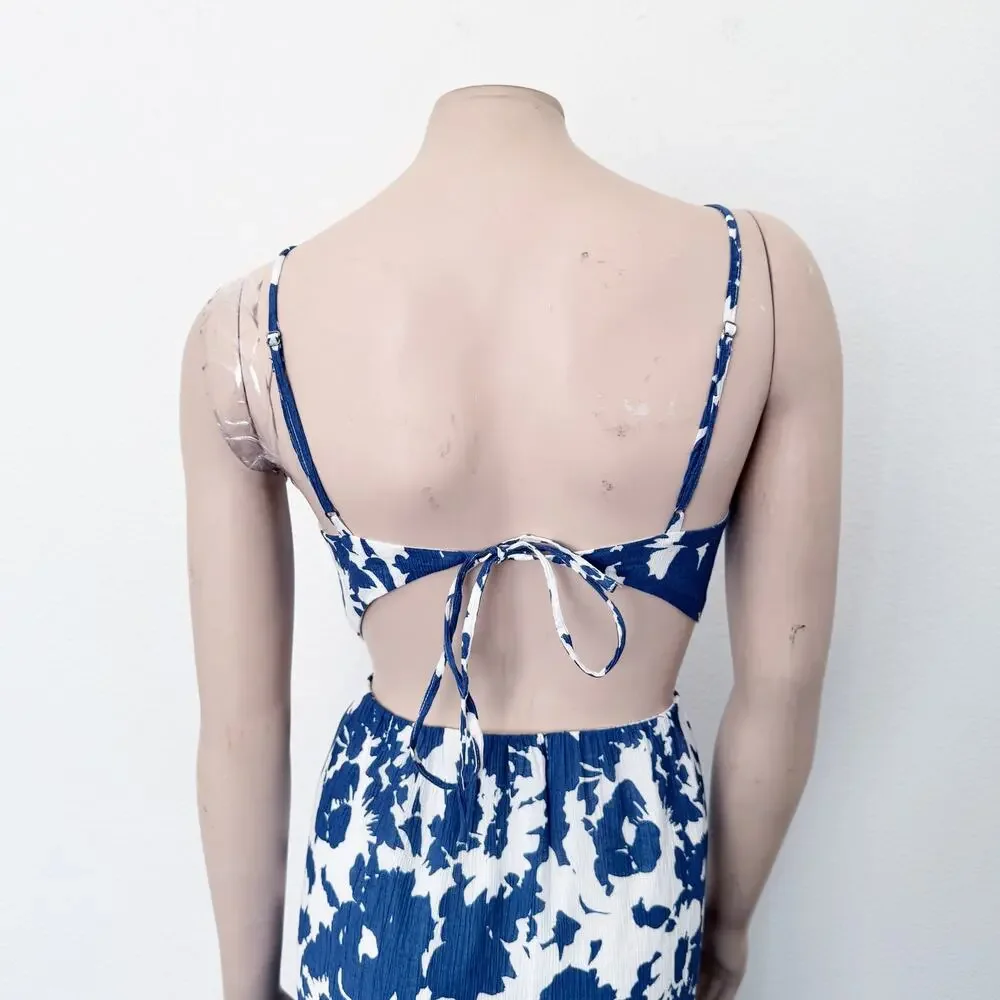 [Abercrombie & Fitch] Blue Crinkle Cutout High Neck Maxi Dress Pockets Size XLP